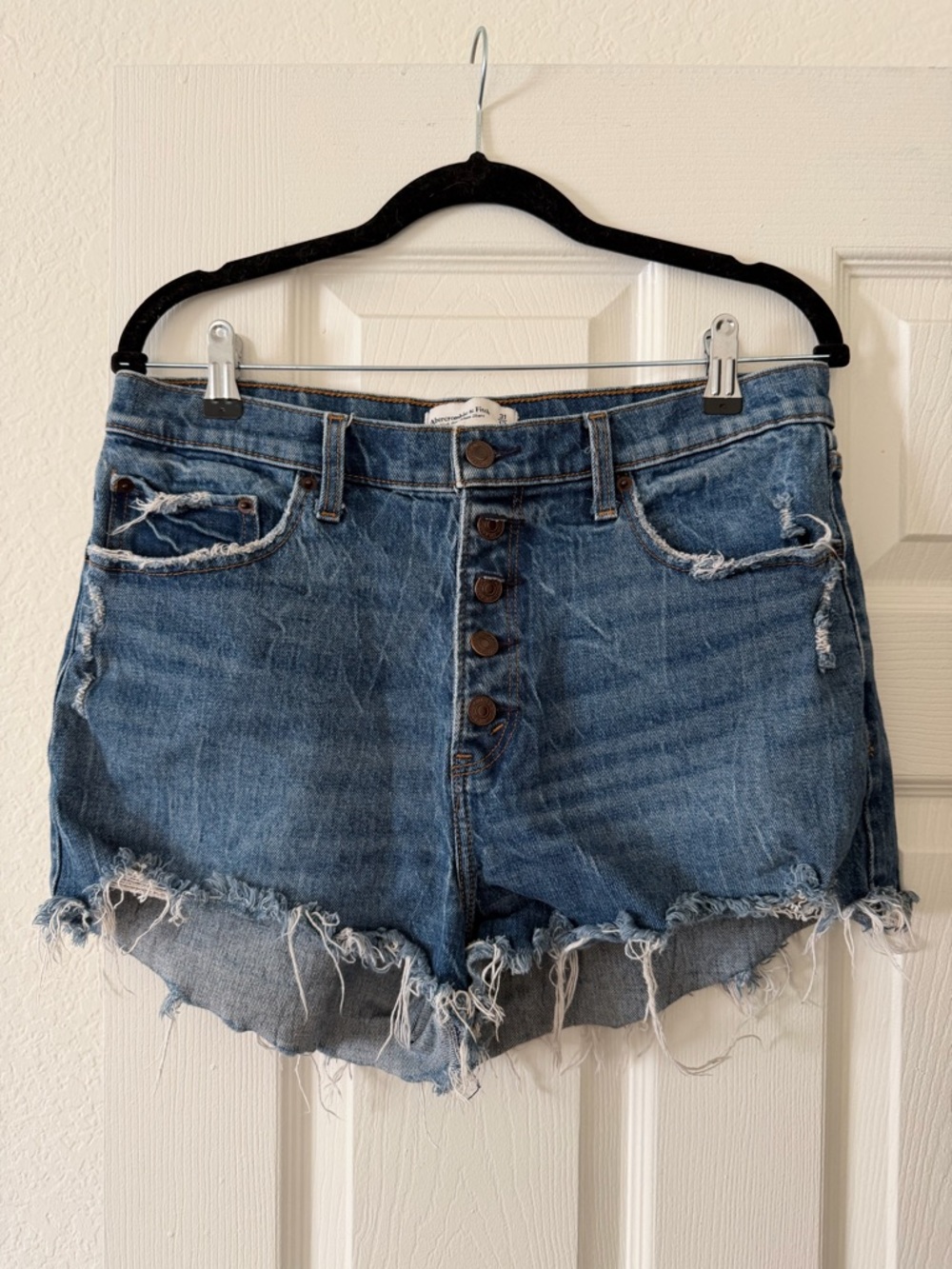 Abercrombie Distressed High-Waist Button Fly Denim Shorts - Blue